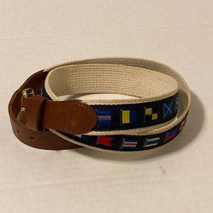 Leather Man Ltd. Navy & Cream Nautical Flags Leather Canvas Belt Size 34